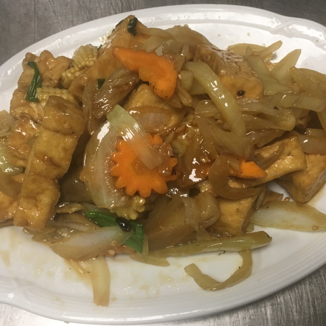 味菜炒豆腐Zuurgroente met tofu met witte rijst